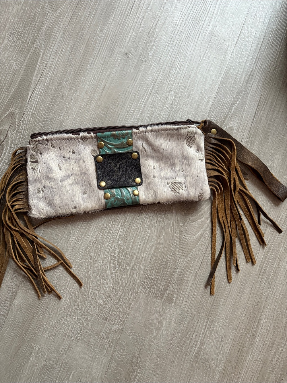 Fringed Cowhide Wristlet Clutch in Ivory and Brown